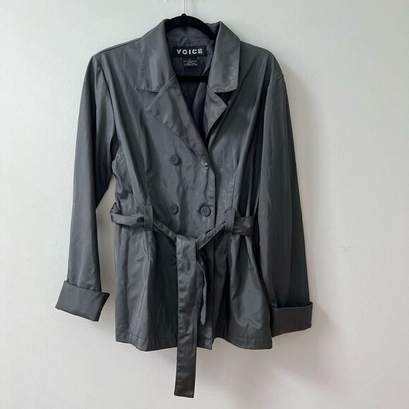 Vintage Y2k Grey Faux Leather Short Trench Jacket Medium - Picture 1 of 7